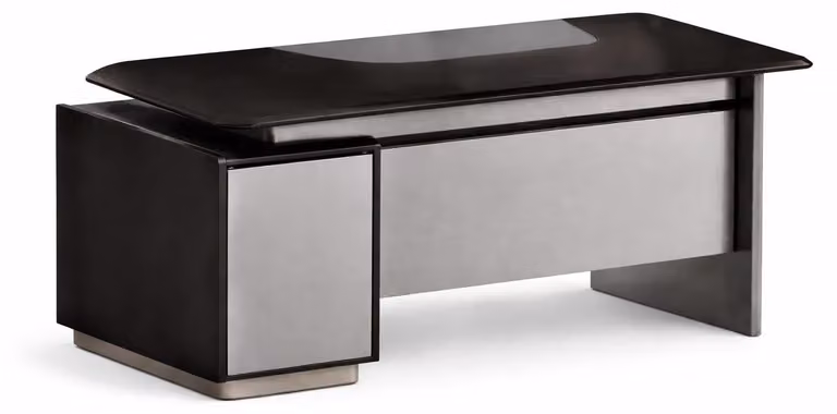 Scrivania da ufficio elegante, nera, con frontale in metallo e spazio di archiviazione, ideale per manager