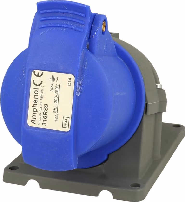 Amphenol Presa a muro CEE da 16 ampere a 4 poli (3P+PE) femmina, codifica 9h blu 200/250 V frequenza 50 e 60 Hz - 1 pezzo
