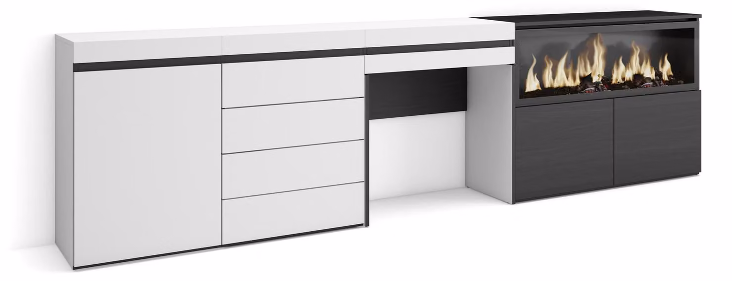 Scrivania con camino a LED, dimensioni 284x35x75 cm, design moderno, colore bianco