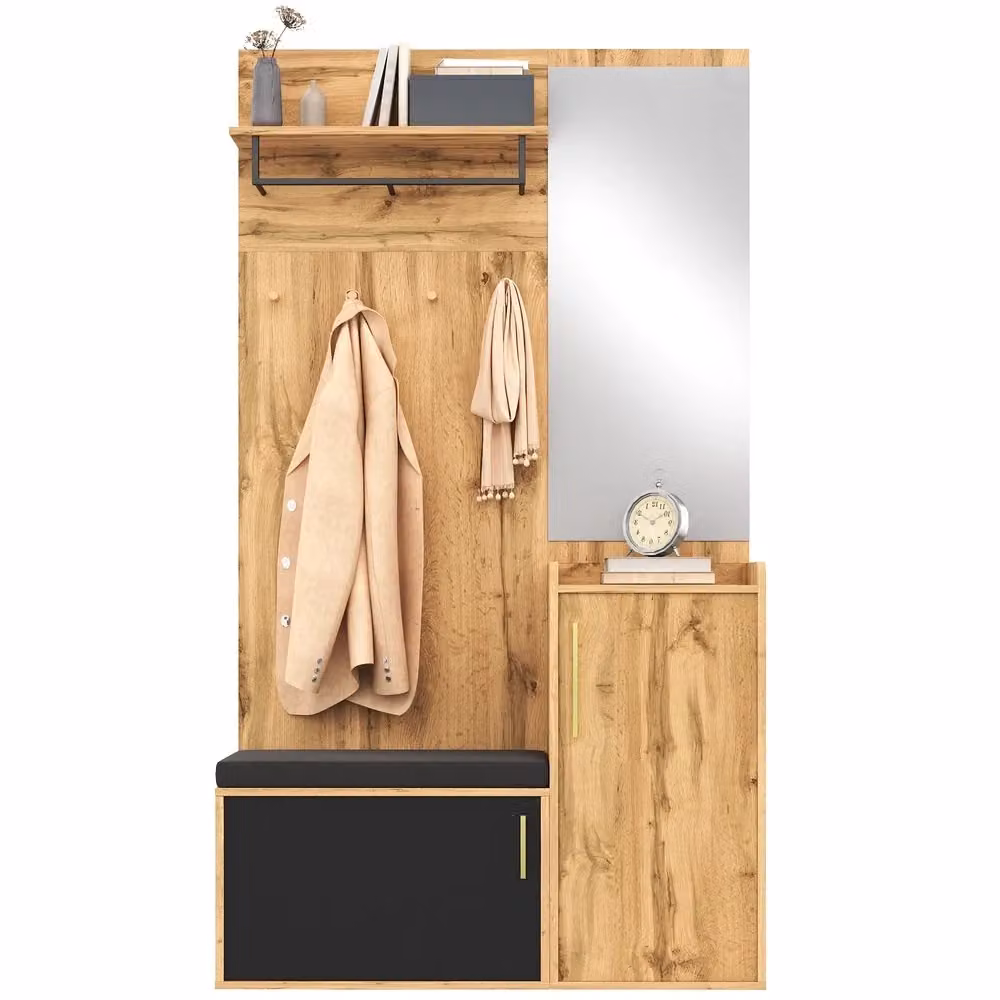 Set armadio ingresso salvaspazio Minimal con specchio e mensole, finitura rovere bianco, L 90 cm x P 35 cm x H 180 cm – 2