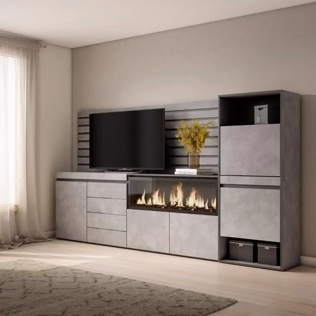 Credenza con Camino Elettrico XXL e Cassettiera SKRAUT HOME, Grigio Cemento e Nero, L: 274 cm, P: 35 cm, H: 145 cm