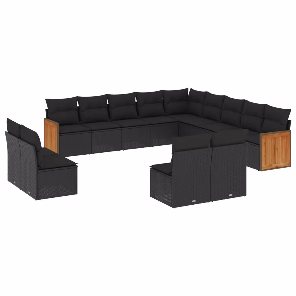 Set di divani da giardino a forma di U vidaXL in polyrattan e legno di acacia nero con cuscini inclusi – 2