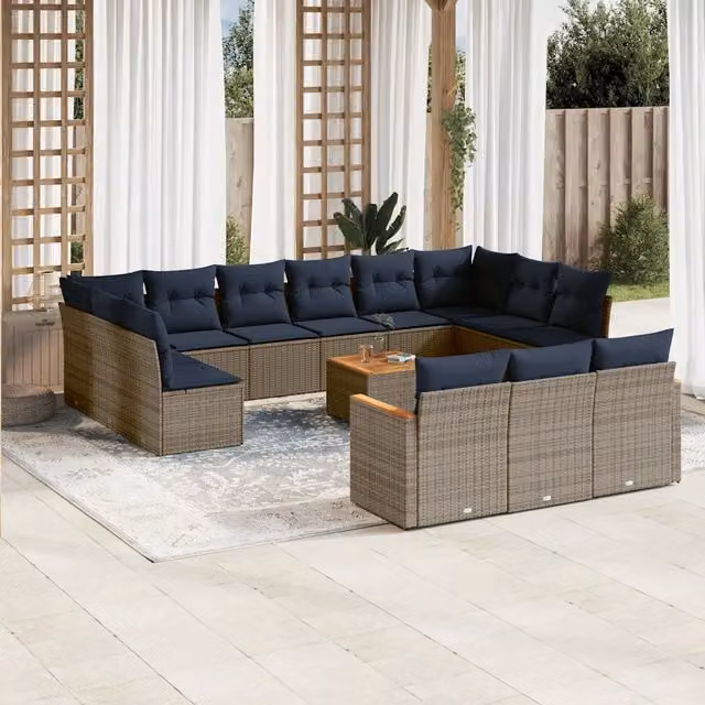 Set di divani da giardino a forma di U vidaXL in rattan con cuscini grigi e blu e tavolino da esterno – 1