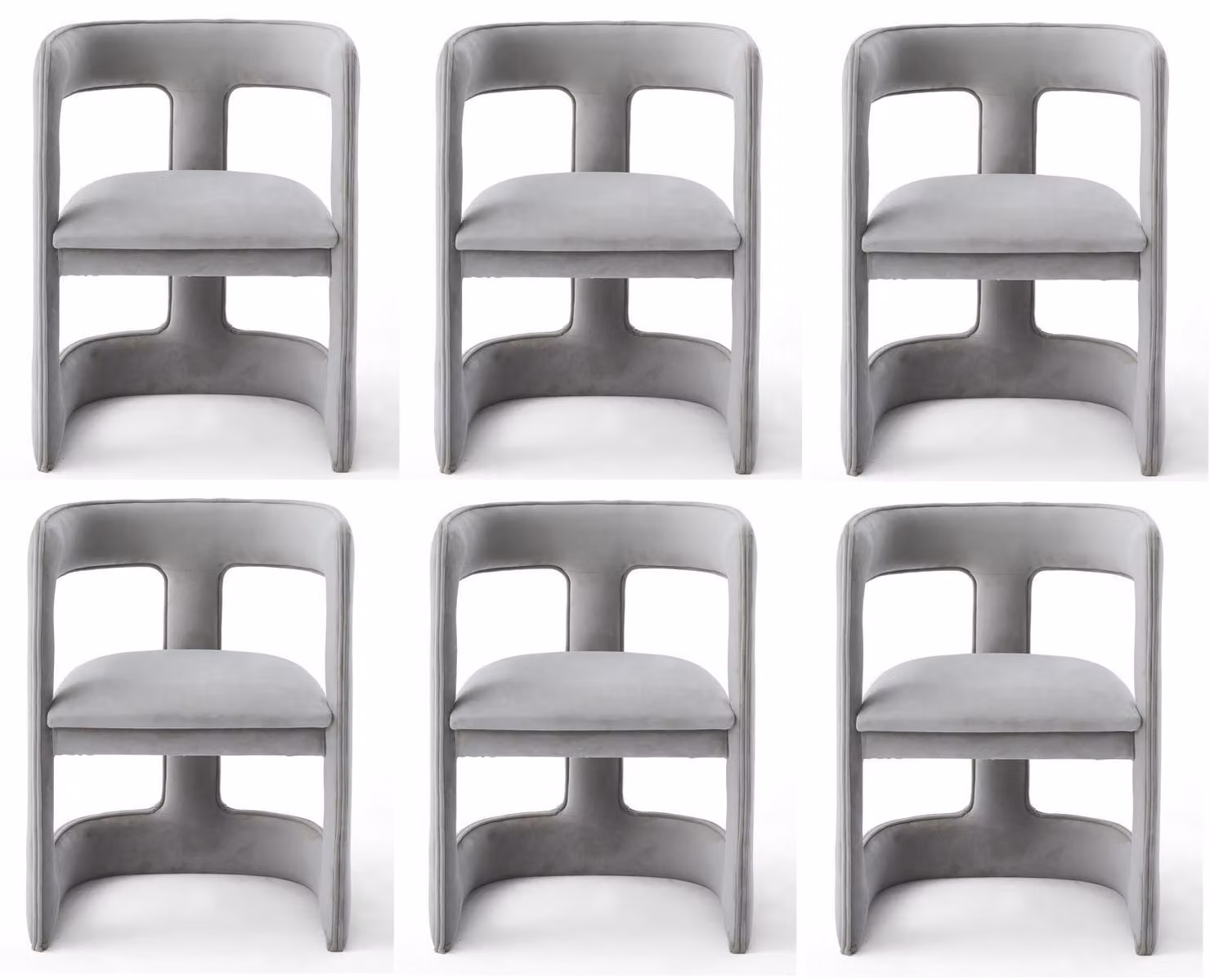 Gruppo di sedie dal design moderno, colore grigio chiaro, tessuto, forma organica, comfort, stile minimalista