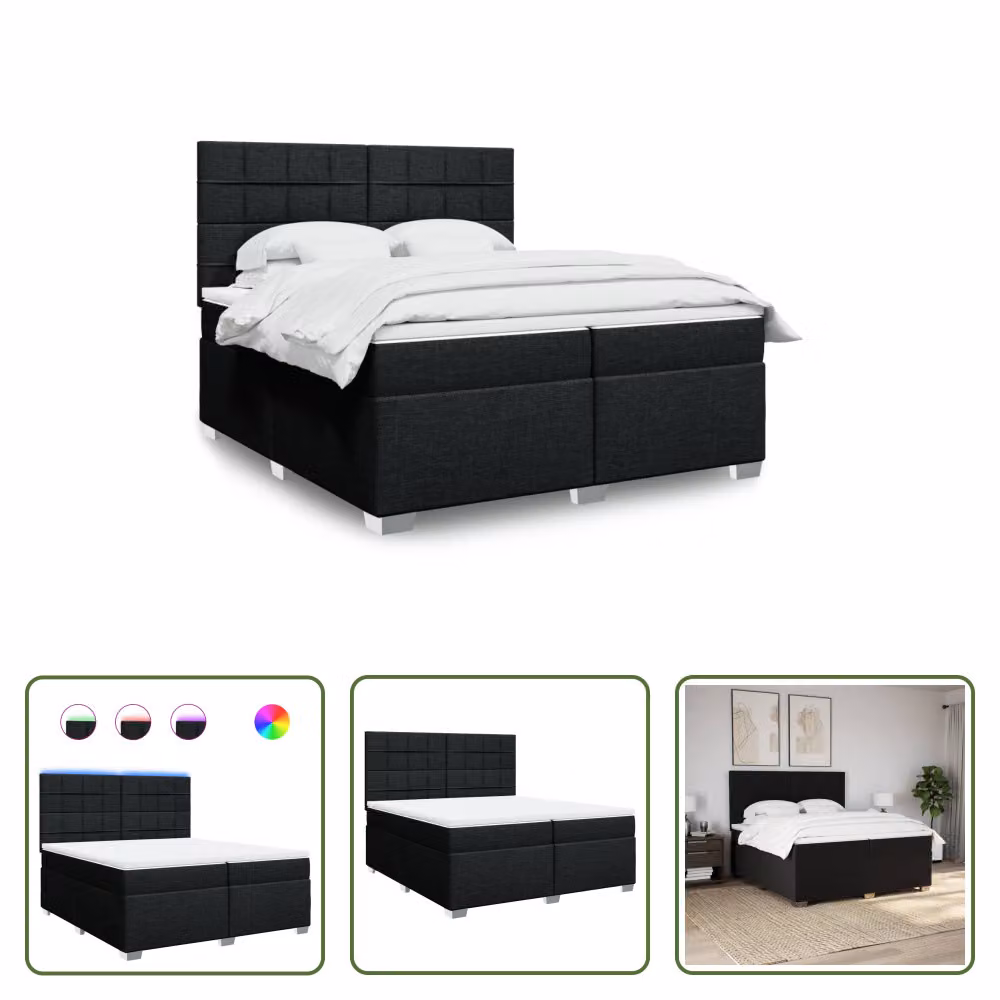 The Living Store Letto a molle con materasso nero 200x200 cm in tessuto