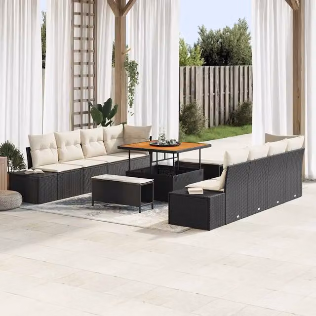 Set Divano da Giardino vidaXL a Forma a U in Polyrattan Nero con Cuscini e Tavolino da Esterno