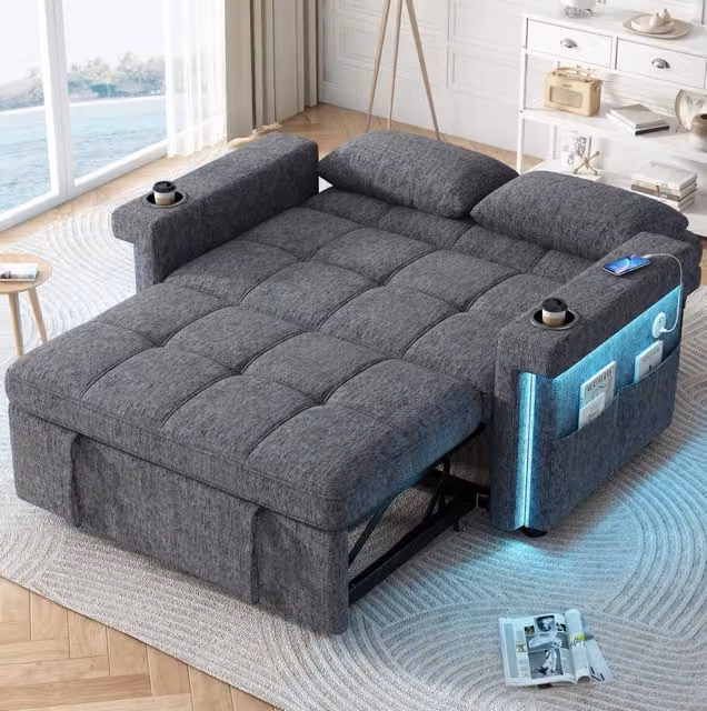 Divano letto 2 posti convertibile 145 x 141;5 x 90 cm in chenille grigio con LED e USB