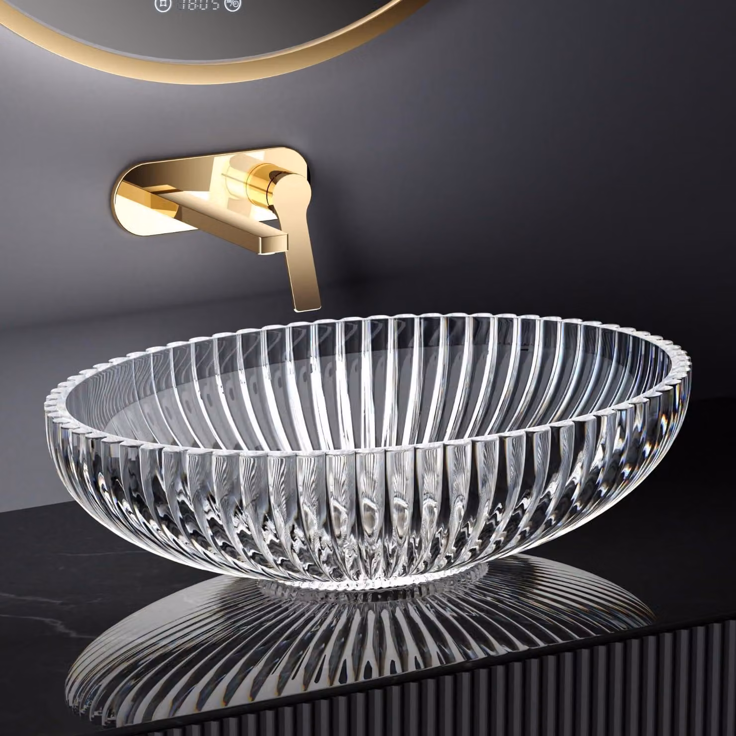 Lavabo ovale in vetro, dimensioni 51x35x15 cm, trasparente