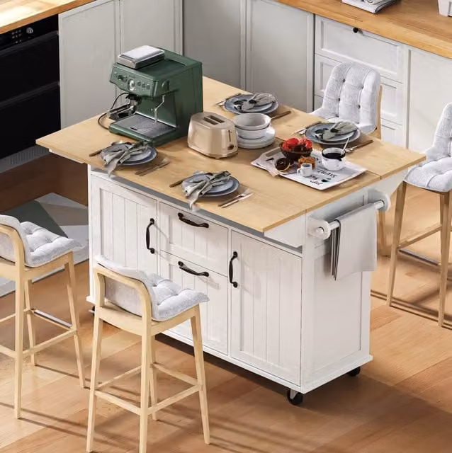 Isola cucina 120x40-60-80x92 cm con piano pieghevole e prese; in MDF; bianco e naturale