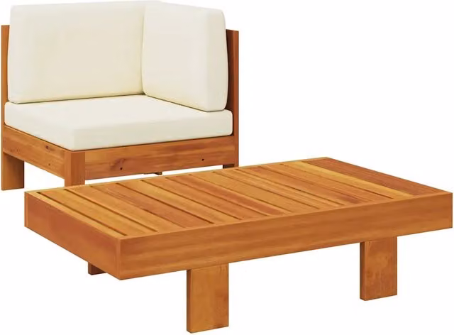 Set Salotto da Giardino Moderno DESIGN IN in Legno d'Acacia con Divano a 2 Posti, Elemento Angolare, Tavolino e Cuscini Bianco e Beige