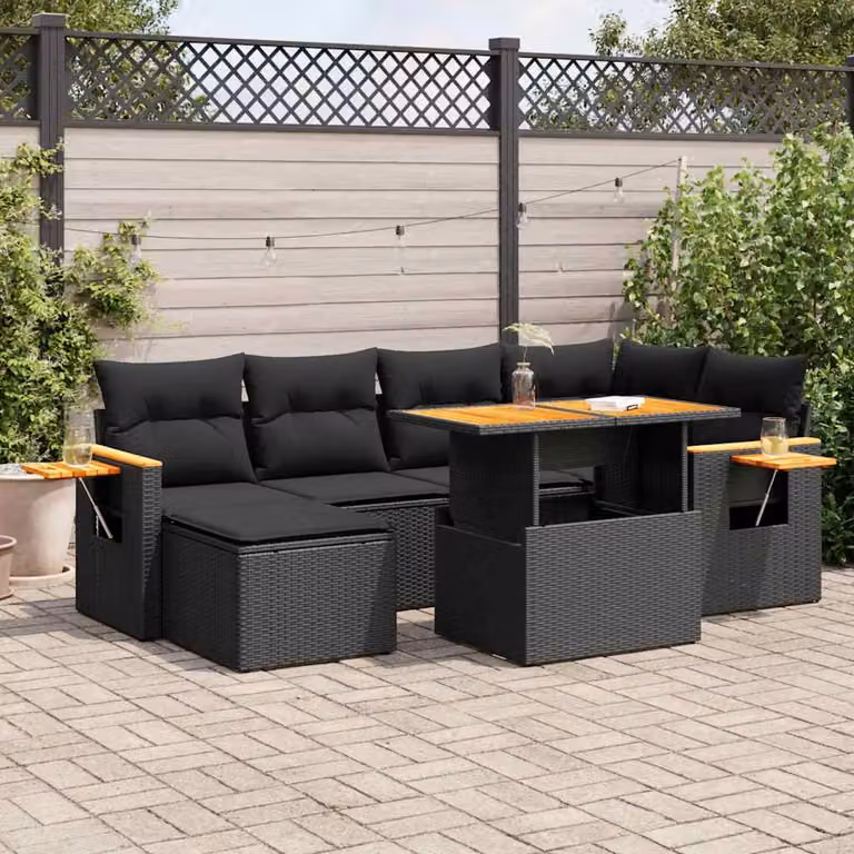 Set Divano da Giardino a L vidaXL in Polyrattan Nero con Cuscini e Tavolino da Esterno in Legno di Acacia