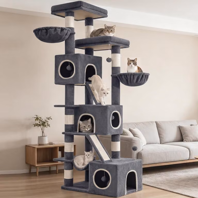 Albero per gatti Kratzbaum XXL, altezza 209 cm, colore grigio scuro, con 7 pali per graffiare, 3 rifugi, 2 piattaforme e un'amaca