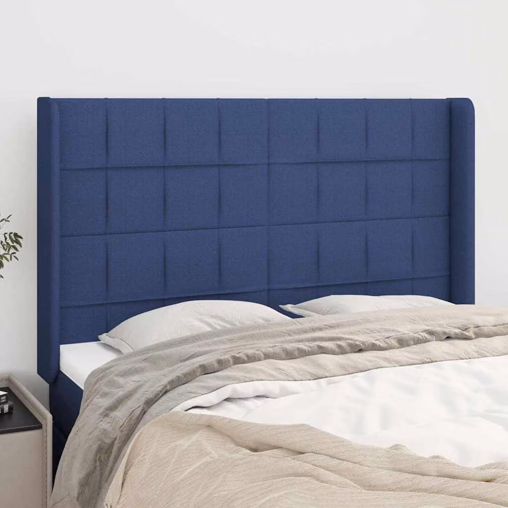Testiera ad orecchio vidaXL in tessuto blu con struttura in legno e pannello imbottito L: 147 cm, P: 16 cm, H: 118-128 cm