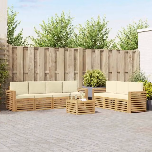 Set di mobili da giardino vidaXL in legno di acacia con divano a 3 posti, tavolino da caffè e pouf, colore bianco e beige – 1