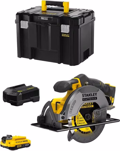 Sega Circolare Stanley FatMax SFMCS500D1T Gialla con Batteria da 2,0 Ah, Caricabatteria e Sistema TSTAK VI