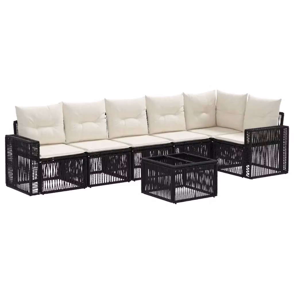 Set Divano da Giardino a L vidaXL in Polyrattan con Tavolino e Cuscini, 7 Pezzi, Nero e Bianco Crema – 2