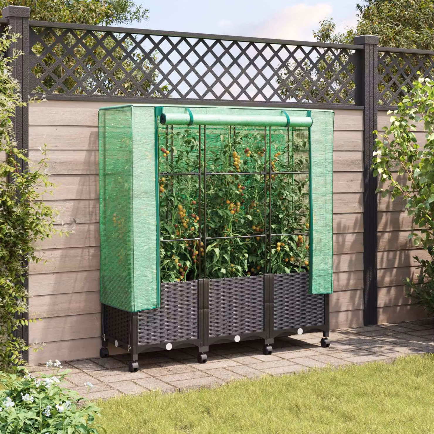 Set di 3 vasi da giardino con copertura per serra e ruote vidaXL, colore nero, in plastica