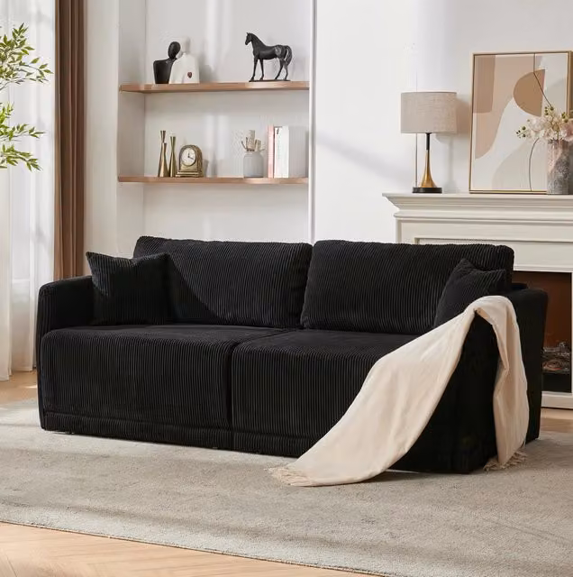 Divano letto trasformabile 182 cm in velluto a coste nero con struttura in metallo HOMVRA