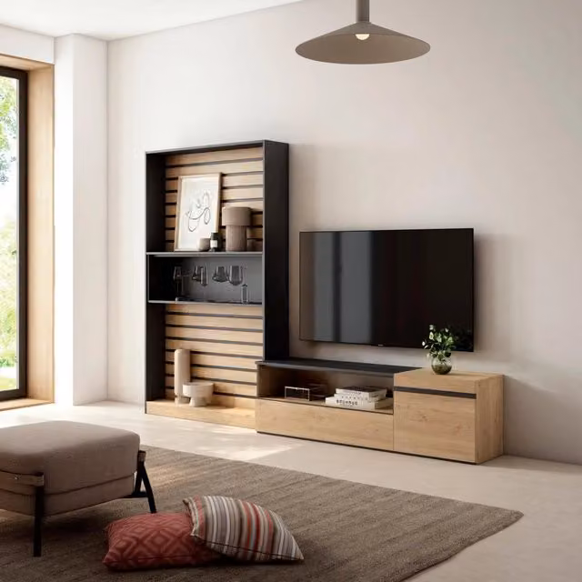 Mobile TV, Soggiorno, 260x35x186cm, Per TV fino a 65", Set di mobili, colore Rovere e nero RF2531