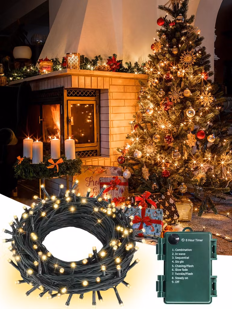 Catena luminosa da 5 metri, con 50 LED, 8 modalità, luce bianco caldo, per interni/esterni, ideale per Natale