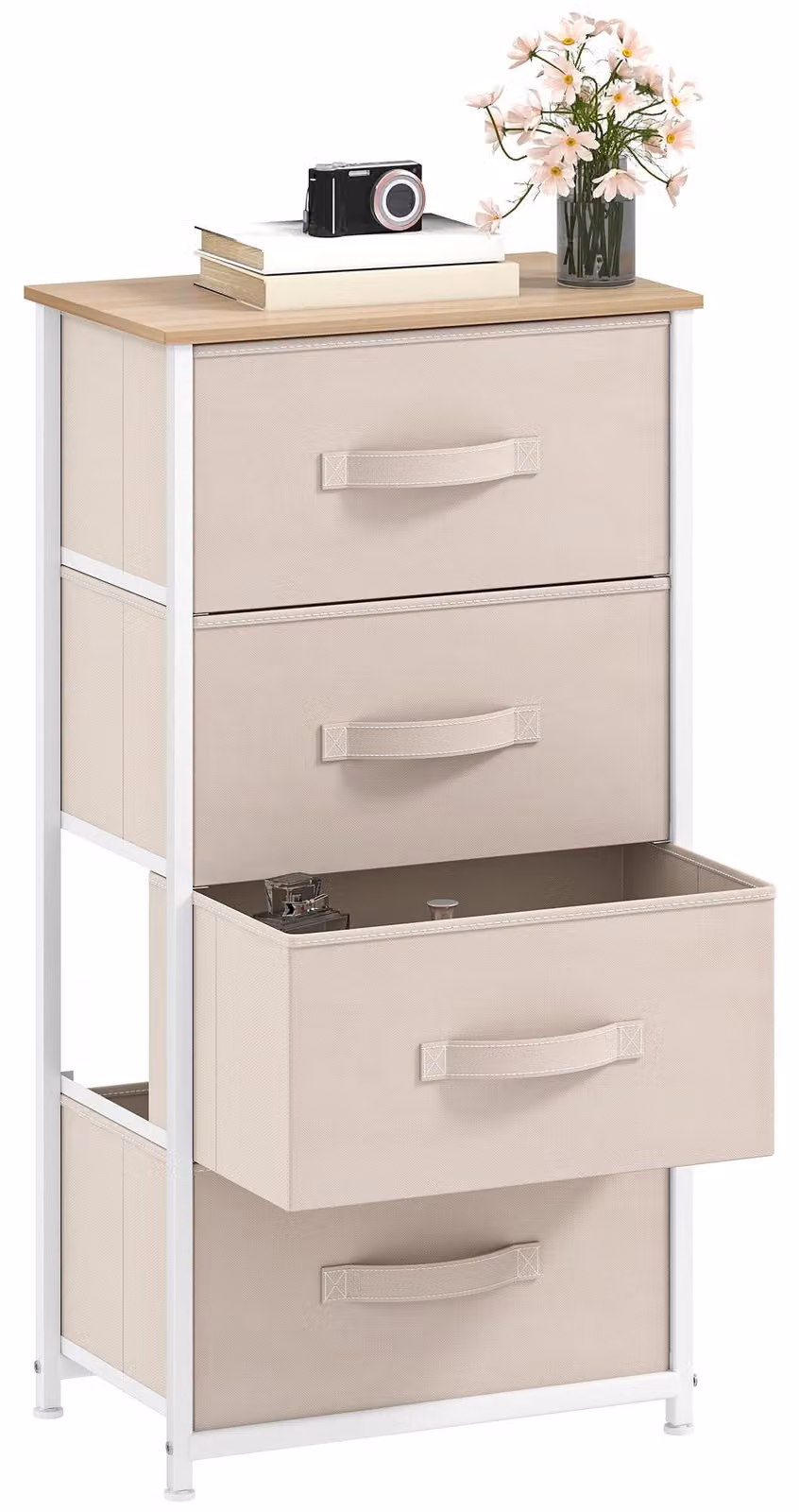 Comodino DWVO con 4 cassetti, armadio imbottito con maniglie, struttura in metallo e rivestimento in tessuto