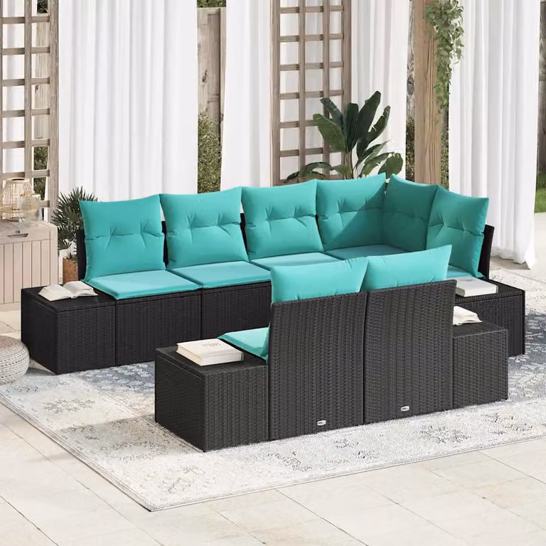 Set Divano da Giardino vidaXL a 7 posti in Polyrattan Nero con Cuscini e Struttura in Metallo