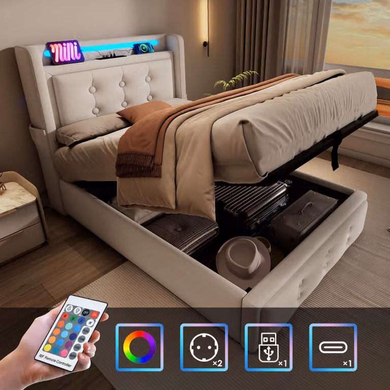 Letto imbottito 90x200, letto singolo con testiera LED e funzione di ricarica USB-C, letto con sistema di sollevamento idraulico, rete a doghe in legno e struttura in metallo, capacità massima fino a 150 kg