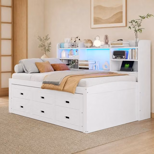 Letto singolo estraibile 90 × 200 cm con LED tre cassetti USB Type-C in pannelli truciolari e MDF bianco