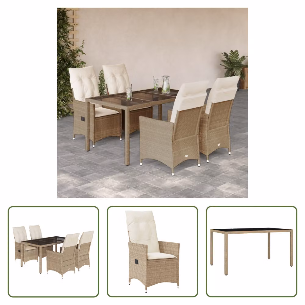 The Living Store Set da pranzo da giardino 5 pezzi con cuscini Beige poly rattan