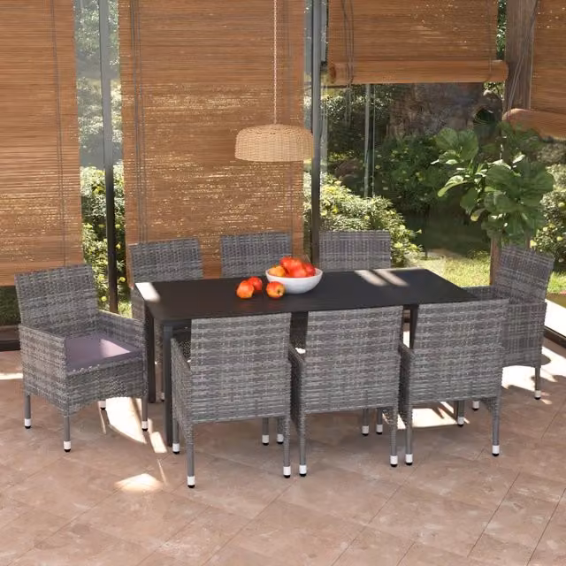 Set Pranzo da Giardino 9 pz con Cuscini in Polyrattan Grigio 3094984