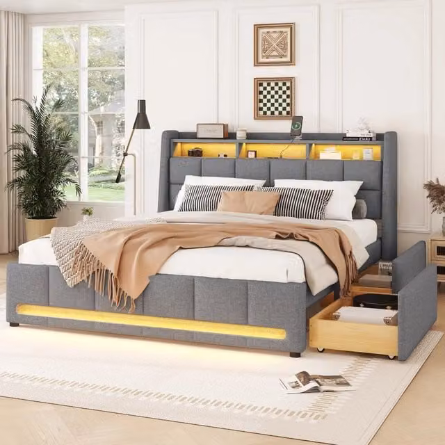 Letto matrimoniale imbottito 140x200cm con cassetti e riporto incorporato in biancheria grigia