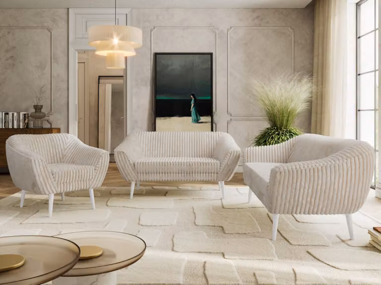 Divano componibile MKS MEBLE PIRS 1-2-3, set completo in stile scandinavo, con sospensioni a molle, gambe bianche, gruppo sedute, set di mobili, set con braccioli - color beige