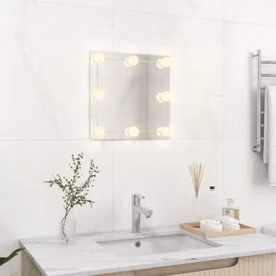Specchio per vanità AIORBER con luce LED, quadrato, design minimalista, con porta USB, per camera da letto, soggiorno, 40 x 40 cm, argento