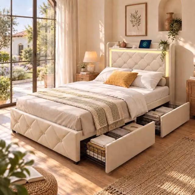 Letto Singolo 90x190 cm, Letto Contenitore Imbottito con 2 Cassetti, Illuminazione LED, 2USB et 1Type C, Letto con Piedini, Rete a Doghe, Senza Materasso, Beige