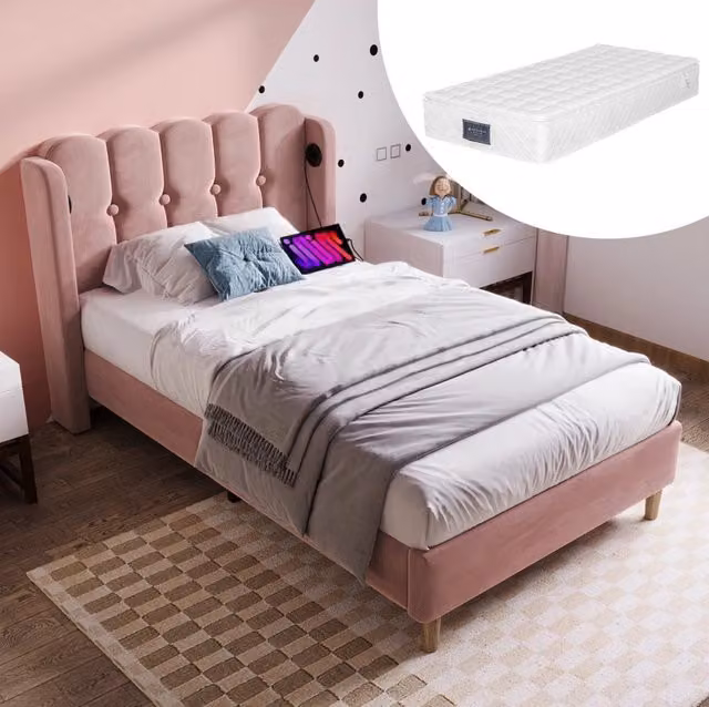 Letto 90x200 cm rosa – con USB e Type-C, testiera, con materasso