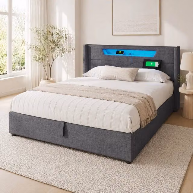 Letto contenitore 160x200 cm grigio in lino con LED, USB e Type-C