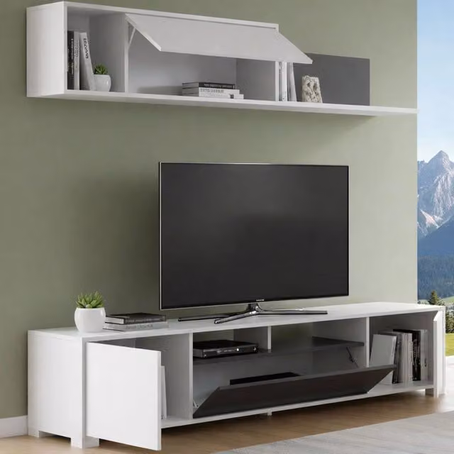 Parete attrezzata DMORA per soggiorno con mobile porta TV, finitura lucida, Bianco e Antracite, L: 200 cm, P: 41 cm, H: 180 cm
