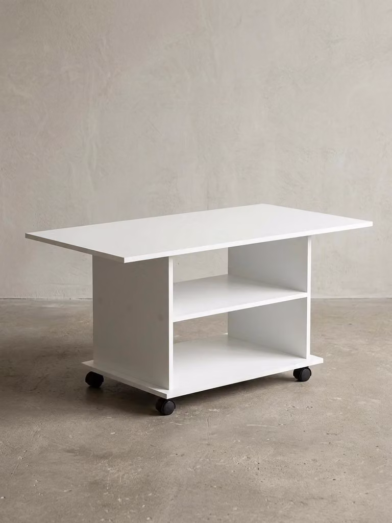 Tavolino design WL5.738 95 x 51 x 54,5 cm Bianco Girevole con rotelle, tavolino da salotto, tavolino da divano, tavolino da salotto in legno, tavolino da caffè con spazio contenitivo