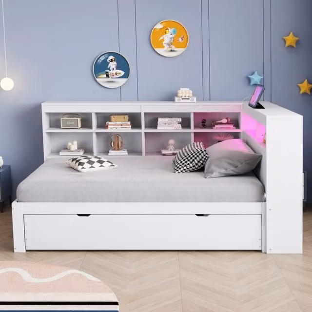Desviae Letto singolo 90 × 200 cm con letto estraibile prese USB luci LED cangianti ripiani e vani in legno bianco