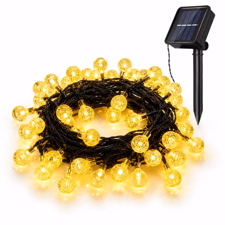 Catena luminosa solare per esterni, 9,5 metri, 50 LED, con sfere di cristallo, 8 modalità, luce bianco caldo, accensione/spegnimento automatico, ideale per decorare giardino, terrazza, balcone, per Natale o per feste