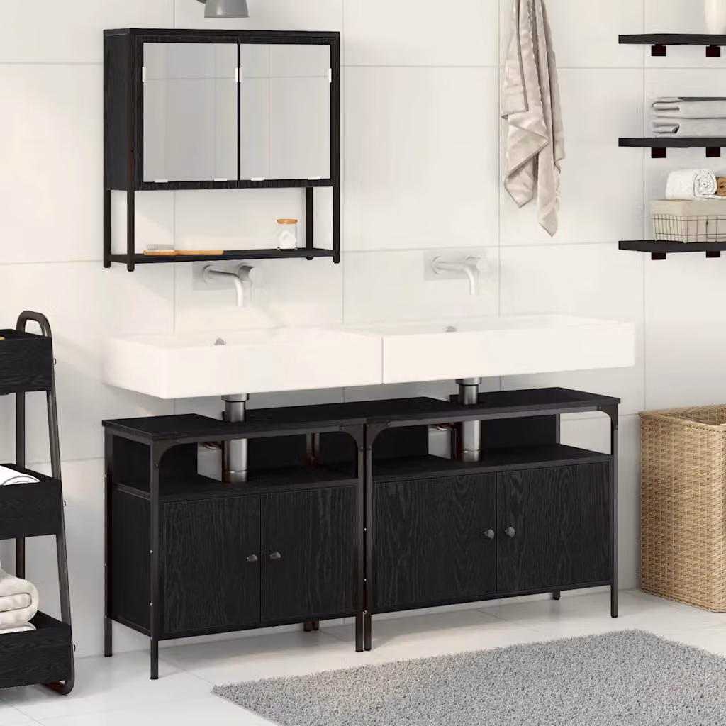 Set di mobili da bagno moderno vidaXL composto da 3 pezzi in nero opaco con mobile lavabo, mobile laterale e armadietto con specchio L/P/H: 80.0 x 60.0 x 39.8 cm