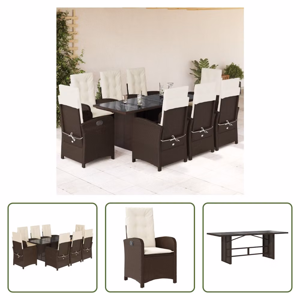 The Living Store Set da pranzo da giardino 9 pezzi con cuscini in polirattan marrone
