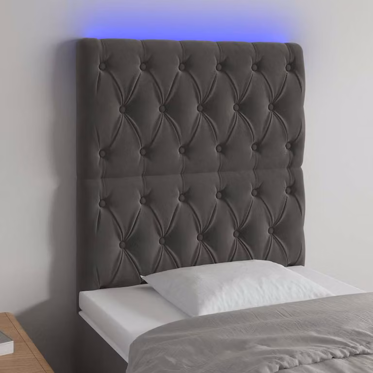 Testiera per letto vidaXL in velluto grigio con illuminazione LED e porta di ricarica USB, L: 118-128 cm, H: 80 cm, P: 7 cm
