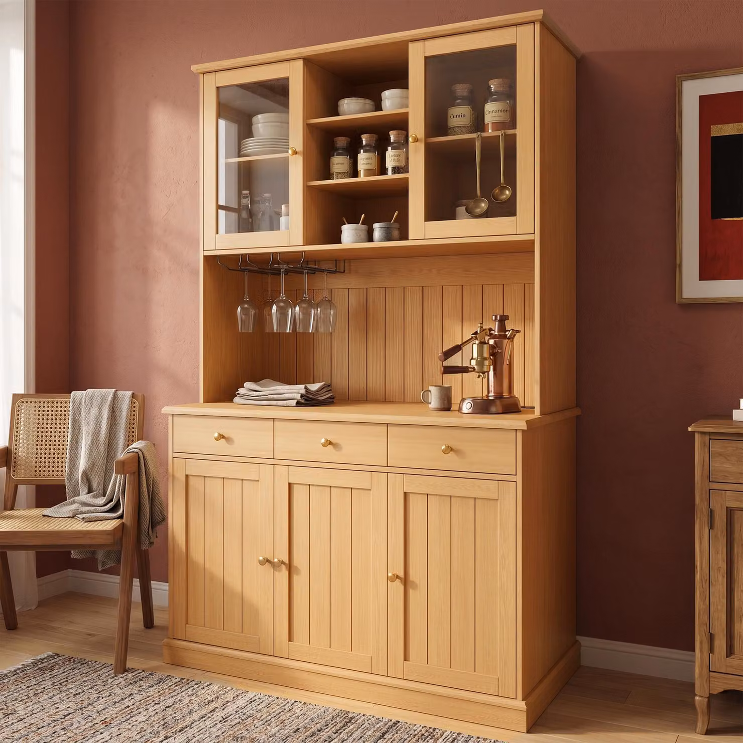 Armadietti alti da cucina Flieks con porta USB, mobiletto da cucina/vetrina per buffet con ante in vetro e portabicchieri, mobile buffet da cucina 120x40x191 cm, colore naturale