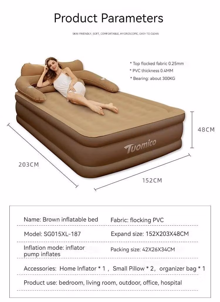 Materassini da campeggio - Materassino gonfiabile per 2 persone - PVC - Gonfiaggio automatico - Pompa integrata - Schienale - Dimensioni: 203 x 152 x 48 cm - Colore: marrone