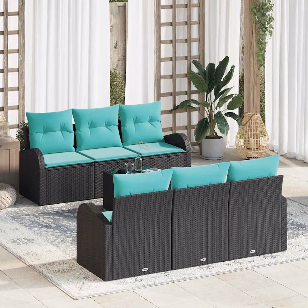 Set Divano da Giardino vidaXL 7 Pezzi Moderno con Cuscini Nero e Turchese
