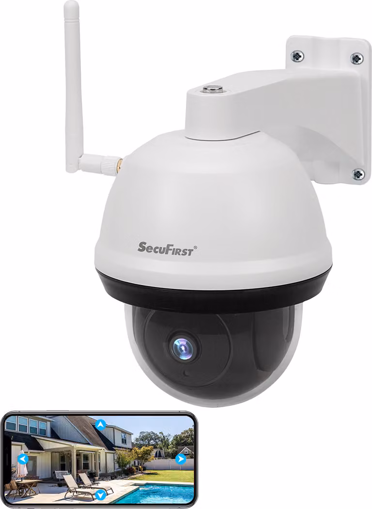 SecuFirst telecamera di sorveglianza PTZ per esterni WLAN, telecamera di sorveglianza per esterni 1080P, allarme di rilevamento del movimento, visione notturna, audio a 2 vie, bianco.