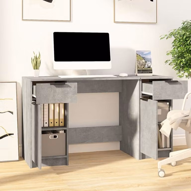 The Living Store Scrivania con mobile laterale in legno grigio cemento