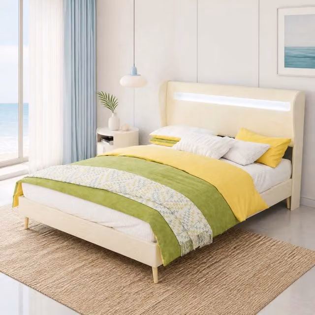Letto imbottito con LED regolabile 140 x 200 cm in tessuto e metallo beige