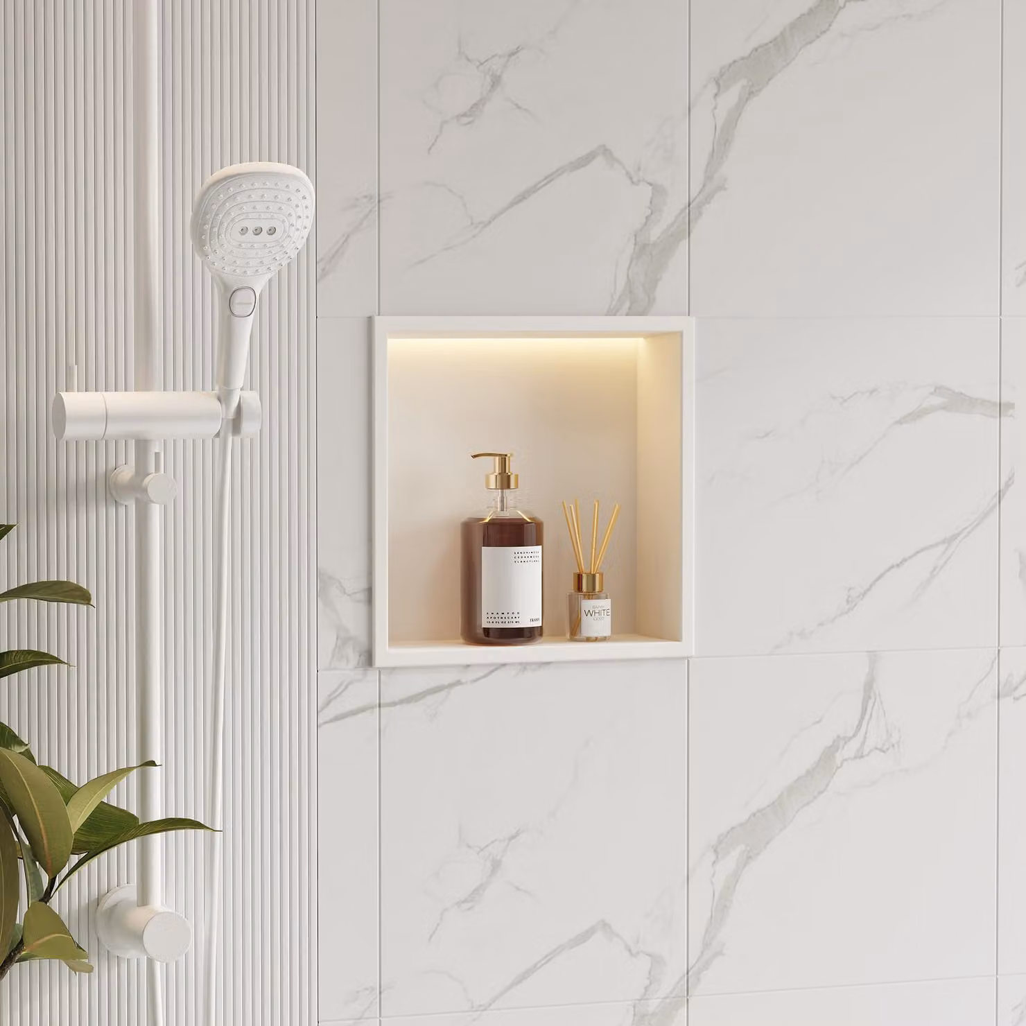 Nicchia da doccia a parete in acciaio inossidabile, 30x30 cm, con illuminazione LED, luce bianco caldo